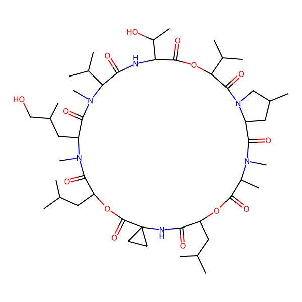 2D Structure of 6-(1-Hydroxyethyl)-12-(3-hydroxy-2-methylpropyl)-10,13,24,25,29-pentamethyl-15,21-bis(2-methylpropyl)-3,9-di(propan-2-yl)spiro[4,16,22-trioxa-1,7,10,13,19,25-hexazabicyclo[25.3.0]triacontane-18,1'-cyclopropane]-2,5,8,11,14,17,20,23,26-nonone