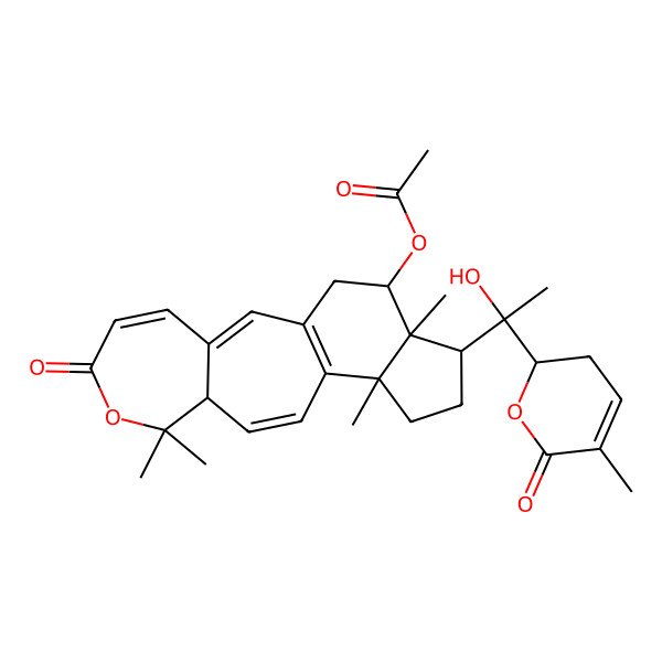 2D Structure of [(9R,13S,16S,17R,18S)-16-[(1R)-1-hydroxy-1-[(2S)-5-methyl-6-oxo-2,3-dihydropyran-2-yl]ethyl]-8,8,13,17-tetramethyl-6-oxo-7-oxatetracyclo[10.7.0.03,9.013,17]nonadeca-1(12),2,4,10-tetraen-18-yl] acetate