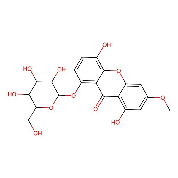 2D Structure of 1,5-dihydroxy-3-methoxy-8-[(2R,3R,4S,5S,6R)-3,4,5-trihydroxy-6-(hydroxymethyl)oxan-2-yl]oxyxanthen-9-one