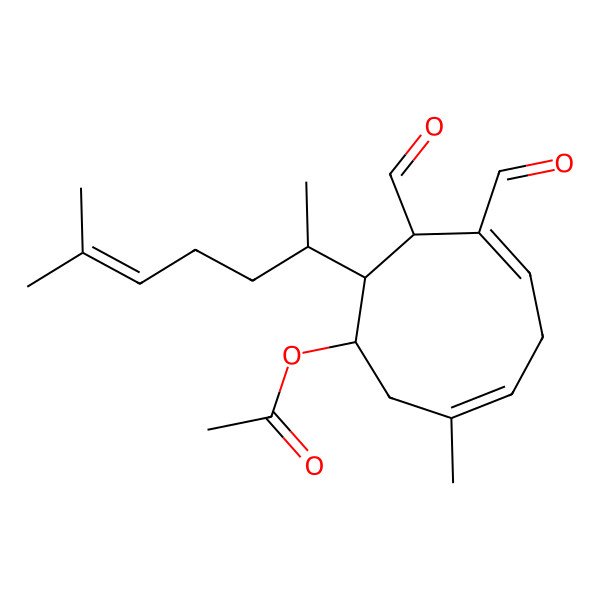 2D Structure of [(1S,3E,6E,8R,9R)-7,8-diformyl-3-methyl-9-[(2S)-6-methylhept-5-en-2-yl]cyclonona-3,6-dien-1-yl] acetate