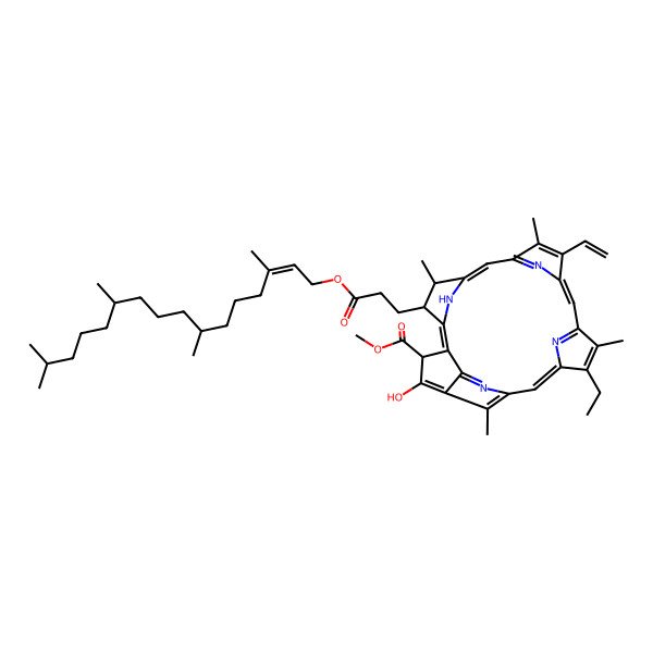 2D Structure of methyl (3R,21S,22S)-16-ethenyl-11-ethyl-4-hydroxy-12,17,21,26-tetramethyl-22-[3-oxo-3-[(E,7S,11S)-3,7,11,15-tetramethylhexadec-2-enoxy]propyl]-7,23,24,25-tetrazahexacyclo[18.2.1.15,8.110,13.115,18.02,6]hexacosa-1,4,6,8(26),9,11,13(25),14,16,18(24),19-undecaene-3-carboxylate