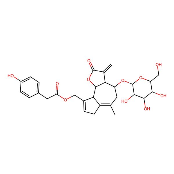2D Structure of [6-Methyl-3-methylidene-2-oxo-4-[3,4,5-trihydroxy-6-(hydroxymethyl)oxan-2-yl]oxy-3a,4,5,7,9a,9b-hexahydroazuleno[8,7-b]furan-9-yl]methyl 2-(4-hydroxyphenyl)acetate
