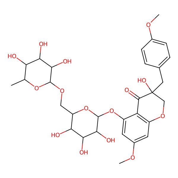2D Structure of (3S)-3-hydroxy-7-methoxy-3-[(4-methoxyphenyl)methyl]-5-[(2S,3R,4S,5S,6R)-3,4,5-trihydroxy-6-[[(2S,3R,4R,5R,6S)-3,4,5-trihydroxy-6-methyloxan-2-yl]oxymethyl]oxan-2-yl]oxy-2H-chromen-4-one