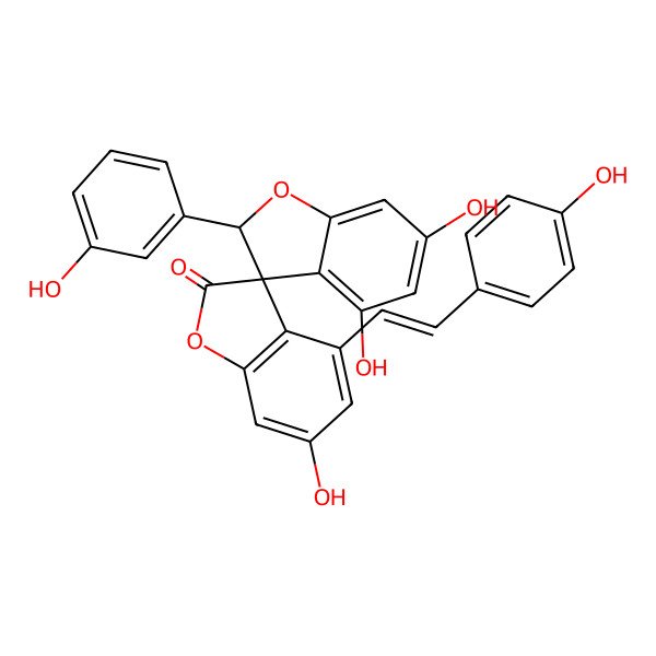 2D Structure of (3R)-4',6,6'-trihydroxy-2'-(3-hydroxyphenyl)-4-[(E)-2-(4-hydroxyphenyl)ethenyl]spiro[1-benzofuran-3,3'-2H-1-benzofuran]-2-one