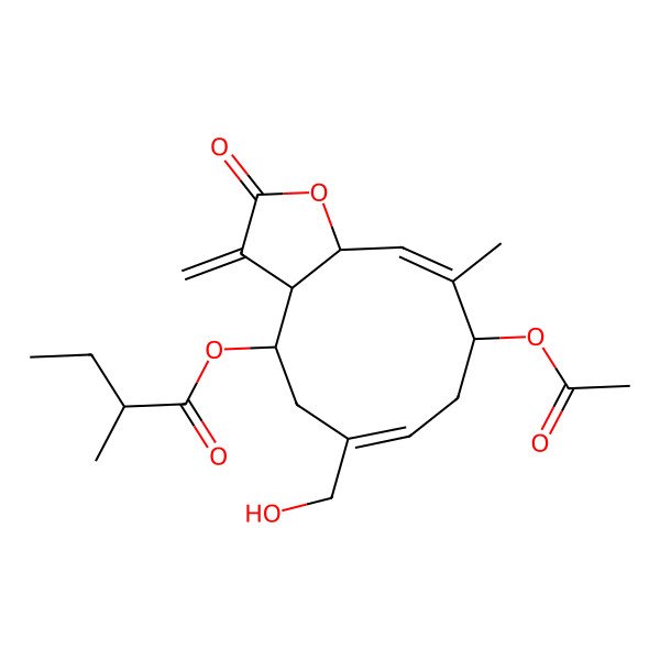 2D Structure of [(3aR,4R,6Z,9S,10Z,11aR)-9-acetyloxy-6-(hydroxymethyl)-10-methyl-3-methylidene-2-oxo-3a,4,5,8,9,11a-hexahydrocyclodeca[b]furan-4-yl] (2R)-2-methylbutanoate