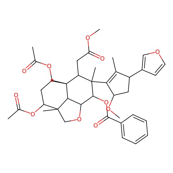 2D Structure of [(1R,4R,5R,7S,8R,9R,10R,11S,12R)-5,7-diacetyloxy-10-[(3R,5S)-3-(furan-3-yl)-5-methoxy-2-methylcyclopenten-1-yl]-9-(2-methoxy-2-oxoethyl)-4,8,10-trimethyl-2-oxatricyclo[6.3.1.04,12]dodecan-11-yl] benzoate