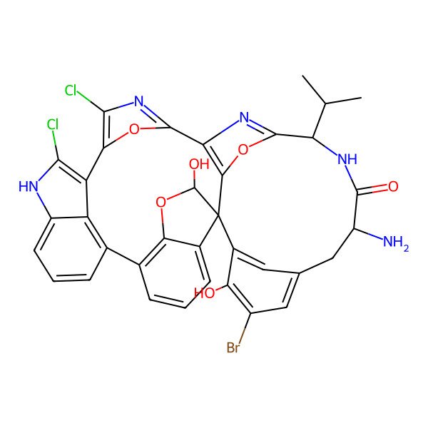 2D Structure of 13-Amino-17-bromo-3,35-dichloro-18,21-dihydroxy-10-propan-2-yl-8,22,39-trioxa-4,11,34,38-tetrazanonacyclo[27.6.1.12,5.16,9.115,19.07,20.020,24.023,28.033,36]nonatriaconta-1(35),2,4,6,9(38),15(37),16,18,23(28),24,26,29(36),30,32-tetradecaen-12-one