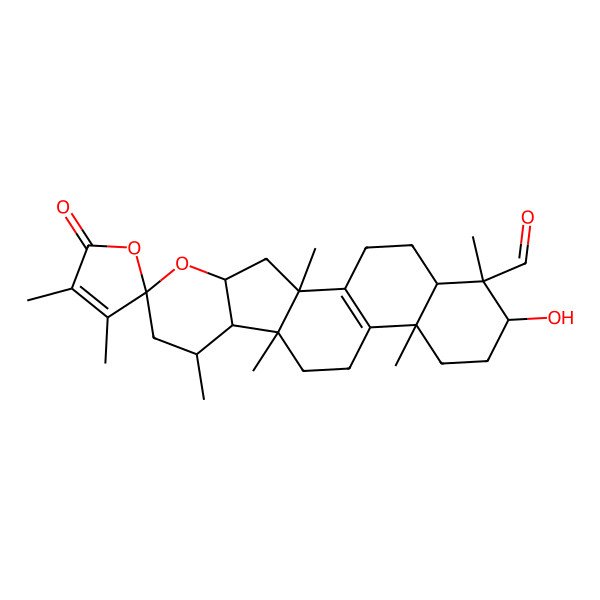 2D Structure of 17-Hydroxy-2,3',4',8,10,14,18-heptamethyl-5'-oxospiro[5-oxapentacyclo[11.8.0.02,10.04,9.014,19]henicos-1(13)-ene-6,2'-furan]-18-carbaldehyde