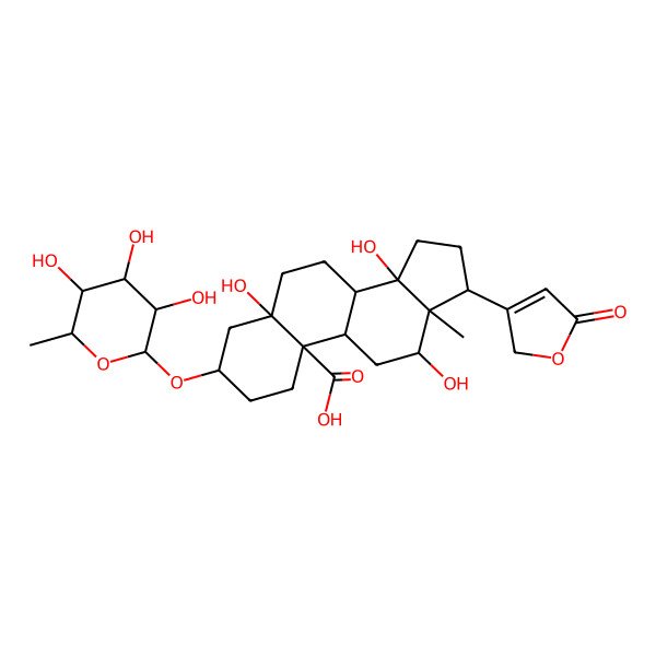 2D Structure of 5,12,14-trihydroxy-13-methyl-17-(5-oxo-2H-furan-3-yl)-3-(3,4,5-trihydroxy-6-methyloxan-2-yl)oxy-2,3,4,6,7,8,9,11,12,15,16,17-dodecahydro-1H-cyclopenta[a]phenanthrene-10-carboxylic acid