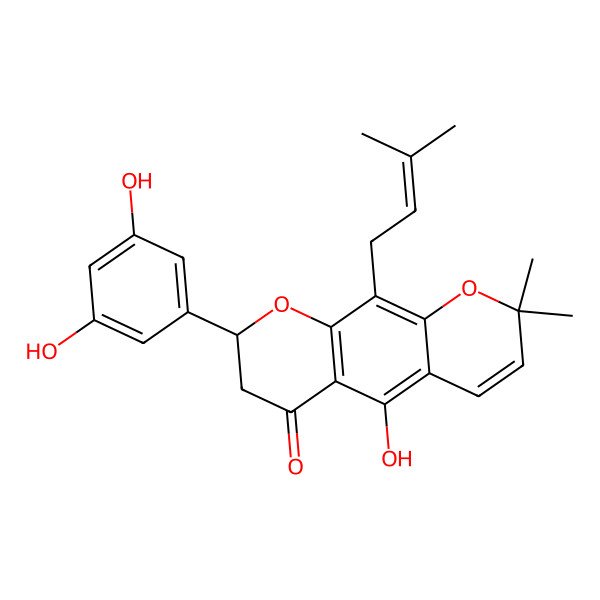2D Structure of 8-(3,5-Dihydroxyphenyl)-5-hydroxy-2,2-dimethyl-10-(3-methylbut-2-enyl)-7,8-dihydropyrano[3,2-g]chromen-6-one