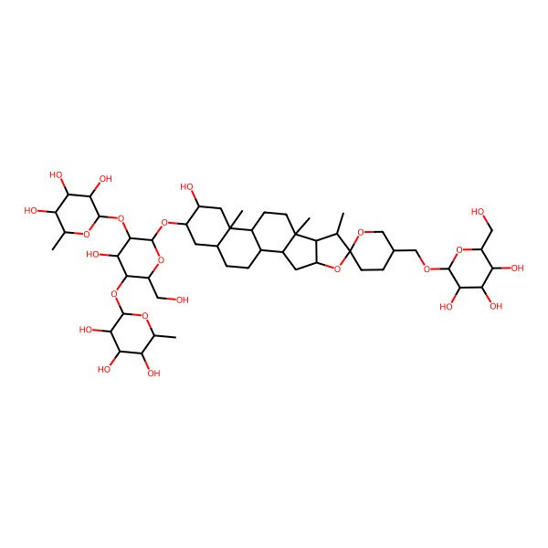 2D Structure of beta-D-Glucopyranoside, (2alpha,3beta,5alpha,25S)-27-(beta-D-glucopyranosyloxy)-2-hydroxyspirostan-3-yl O-6-deoxy-alpha-L-mannopyranosyl-(1-->2)-O-[6-deoxy-alpha-L-mannopyranosyl-(1-->4)]-