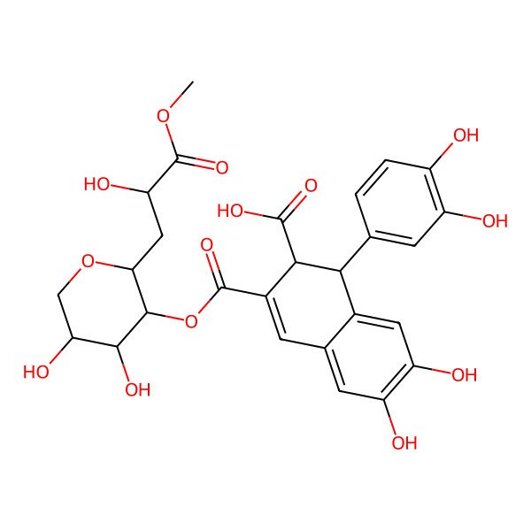 2D Structure of (1R,2S)-3-[(2S,3S,4R,5S)-4,5-dihydroxy-2-[(2R)-2-hydroxy-3-methoxy-3-oxopropyl]oxan-3-yl]oxycarbonyl-1-(3,4-dihydroxyphenyl)-6,7-dihydroxy-1,2-dihydronaphthalene-2-carboxylic acid