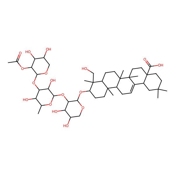 2D Structure of (4aS,6aR,6aS,6bR,8aR,9R,10S,12aS,14bS)-10-[(2S,3R,4S,5S)-3-[(2S,3R,4R,5S,6S)-4-[(3R,4S,5S)-3-acetyloxy-4,5-dihydroxyoxan-2-yl]oxy-3,5-dihydroxy-6-methyloxan-2-yl]oxy-4,5-dihydroxyoxan-2-yl]oxy-9-(hydroxymethyl)-2,2,6a,6b,9,12a-hexamethyl-1,3,4,5,6,6a,7,8,8a,10,11,12,13,14b-tetradecahydropicene-4a-carboxylic acid