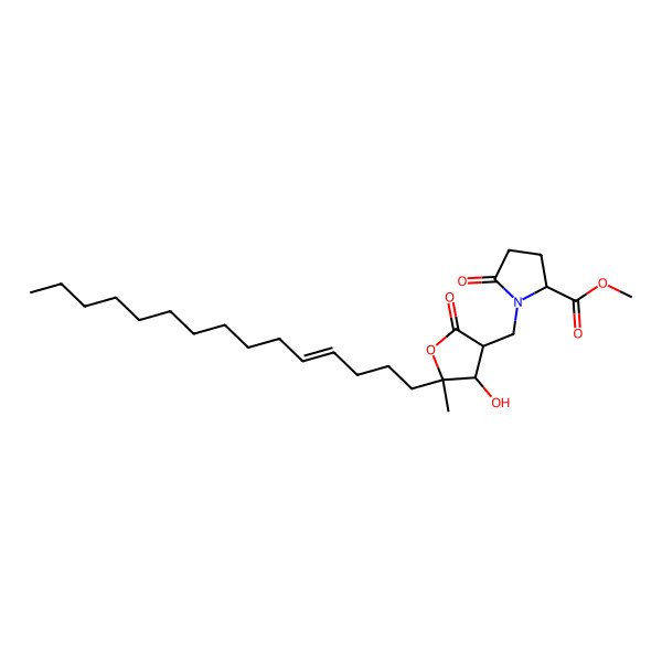 2D Structure of methyl (2S)-1-[[(3S,4R,5S)-4-hydroxy-5-methyl-2-oxo-5-[(E)-pentadec-4-enyl]oxolan-3-yl]methyl]-5-oxopyrrolidine-2-carboxylate