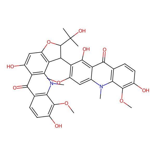 2D Structure of 1-(1,6-Dihydroxy-3,5-dimethoxy-10-methyl-9-oxoacridin-2-yl)-5,9-dihydroxy-2-(2-hydroxypropan-2-yl)-10-methoxy-11-methyl-1,2-dihydrofuro[2,3-c]acridin-6-one
