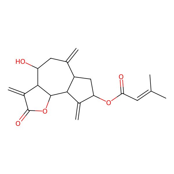 2D Structure of (4-Hydroxy-3,6,9-trimethylidene-2-oxo-3a,4,5,6a,7,8,9a,9b-octahydroazuleno[4,5-b]furan-8-yl) 3-methylbut-2-enoate