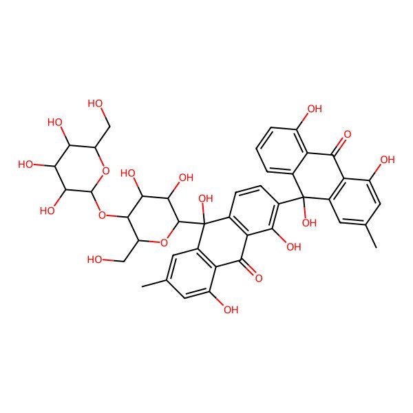2D Structure of (10S)-10-[(2R,3R,4R,5S,6R)-3,4-dihydroxy-6-(hydroxymethyl)-5-[(2S,3R,4S,5S,6R)-3,4,5-trihydroxy-6-(hydroxymethyl)oxan-2-yl]oxyoxan-2-yl]-1,8,10-trihydroxy-6-methyl-2-[(9R)-4,5,9-trihydroxy-2-methyl-10-oxoanthracen-9-yl]anthracen-9-one