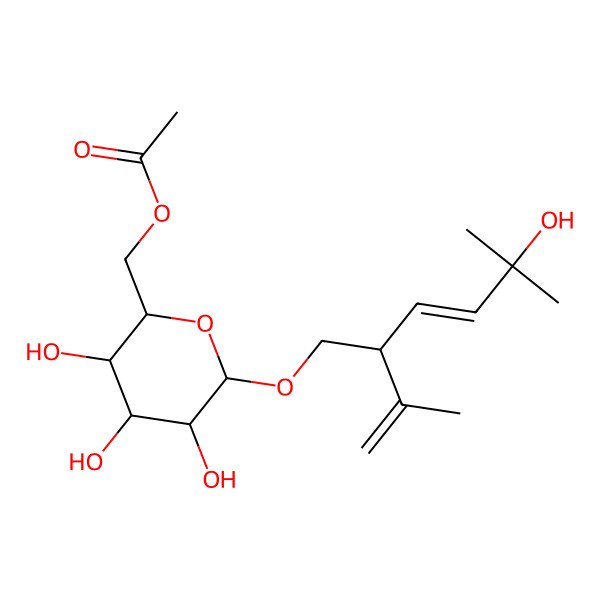 2D Structure of [(2R,3S,4S,5R,6R)-3,4,5-trihydroxy-6-[(E,2S)-5-hydroxy-5-methyl-2-prop-1-en-2-ylhex-3-enoxy]oxan-2-yl]methyl acetate
