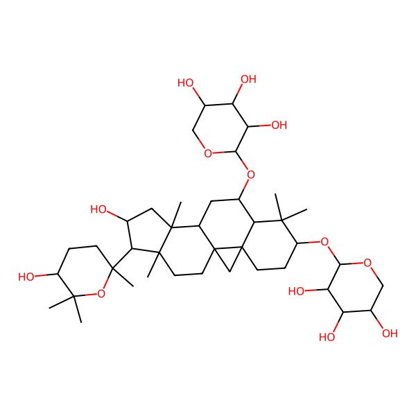 2D Structure of (2S,3R,4S,5R)-2-[[(1S,3R,6S,8R,9S,11S,12S,14S,15R,16R)-14-hydroxy-15-[(2R,5S)-5-hydroxy-2,6,6-trimethyloxan-2-yl]-7,7,12,16-tetramethyl-9-[(2S,3R,4S,5R)-3,4,5-trihydroxyoxan-2-yl]oxy-6-pentacyclo[9.7.0.01,3.03,8.012,16]octadecanyl]oxy]oxane-3,4,5-triol