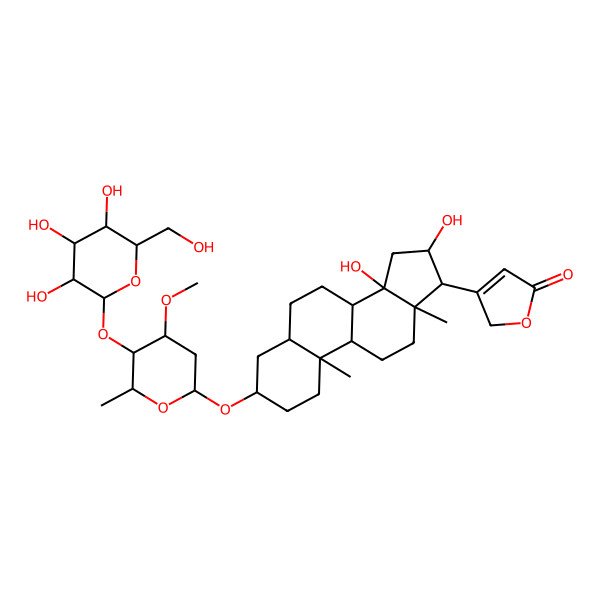 2D Structure of 3-[14,16-dihydroxy-3-[4-methoxy-6-methyl-5-[3,4,5-trihydroxy-6-(hydroxymethyl)oxan-2-yl]oxyoxan-2-yl]oxy-10,13-dimethyl-1,2,3,4,5,6,7,8,9,11,12,15,16,17-tetradecahydrocyclopenta[a]phenanthren-17-yl]-2H-furan-5-one
