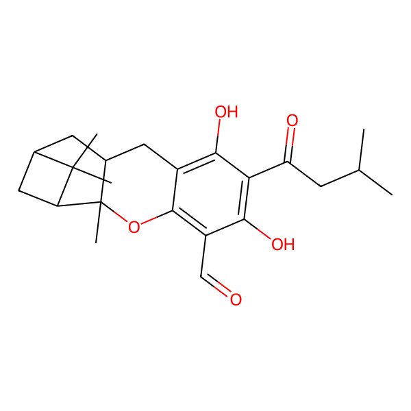 2D Structure of 6,8-Dihydroxy-2,14,14-trimethyl-7-(3-methylbutanoyl)-3-oxatetracyclo[11.1.1.02,11.04,9]pentadeca-4,6,8-triene-5-carbaldehyde