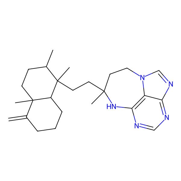 2D Structure of (10S)-10-[2-[(1S,2R,4aS,8aR)-1,2,4a-trimethyl-5-methylidene-3,4,6,7,8,8a-hexahydro-2H-naphthalen-1-yl]ethyl]-10-methyl-1,3,5,7,9-pentazatricyclo[6.4.1.04,13]trideca-2,4(13),5,7-tetraene