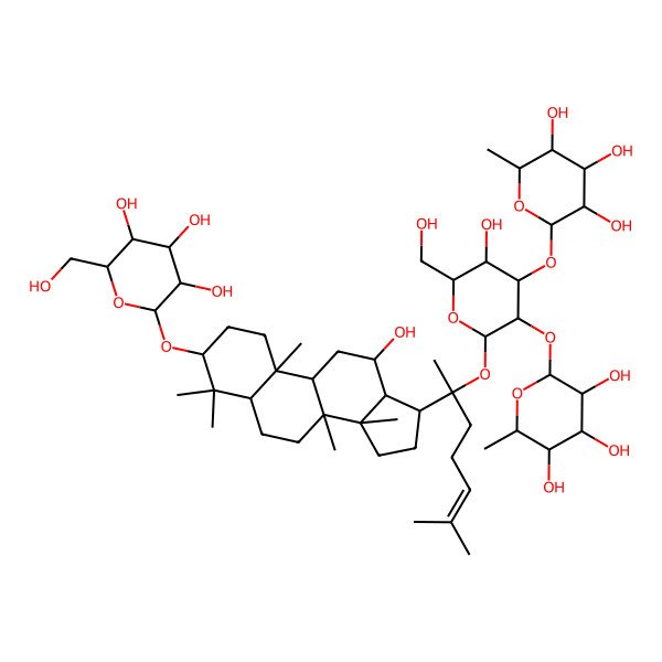 2D Structure of 2-[3-hydroxy-2-(hydroxymethyl)-6-[2-[12-hydroxy-4,4,8,10,14-pentamethyl-3-[3,4,5-trihydroxy-6-(hydroxymethyl)oxan-2-yl]oxy-2,3,5,6,7,9,11,12,13,15,16,17-dodecahydro-1H-cyclopenta[a]phenanthren-17-yl]-6-methylhept-5-en-2-yl]oxy-5-(3,4,5-trihydroxy-6-methyloxan-2-yl)oxyoxan-4-yl]oxy-6-methyloxane-3,4,5-triol