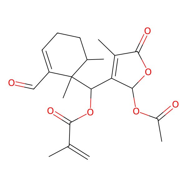 2D Structure of [(2-acetyloxy-4-methyl-5-oxo-2H-furan-3-yl)-(2-formyl-1,6-dimethylcyclohex-2-en-1-yl)methyl] 2-methylprop-2-enoate