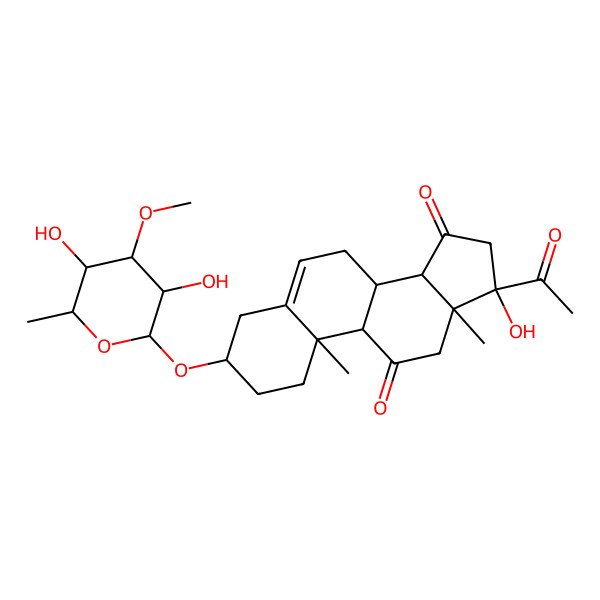 2D Structure of (3R,8R,9R,10R,13S,14S,17R)-17-acetyl-3-[(2S,3R,4S,5S,6R)-3,5-dihydroxy-4-methoxy-6-methyloxan-2-yl]oxy-17-hydroxy-10,13-dimethyl-1,2,3,4,7,8,9,12,14,16-decahydrocyclopenta[a]phenanthrene-11,15-dione