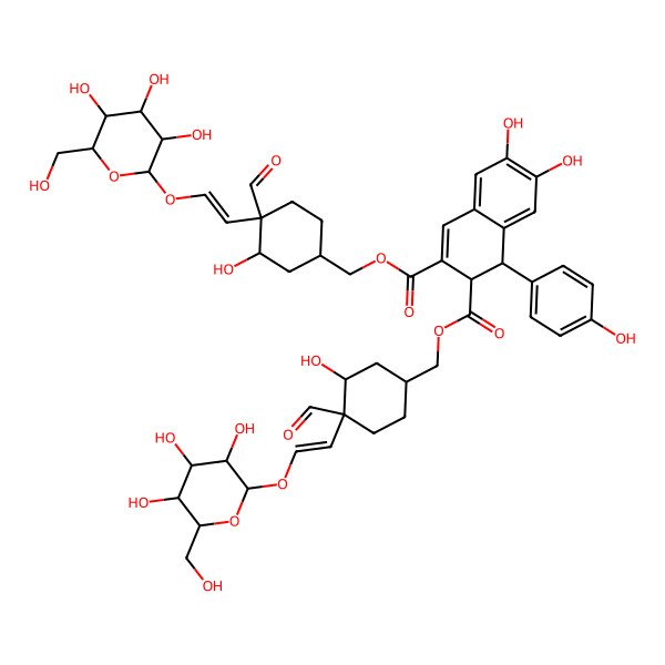 2D Structure of bis[[(1S,3S,4S)-4-formyl-3-hydroxy-4-[2-[(2R,3R,4S,5S,6R)-3,4,5-trihydroxy-6-(hydroxymethyl)oxan-2-yl]oxyethenyl]cyclohexyl]methyl] (1R,2S)-6,7-dihydroxy-1-(4-hydroxyphenyl)-1,2-dihydronaphthalene-2,3-dicarboxylate