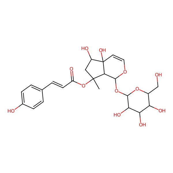 2D Structure of [4a,5-Dihydroxy-7-methyl-1-[3,4,5-trihydroxy-6-(hydroxymethyl)oxan-2-yl]oxy-1,5,6,7a-tetrahydrocyclopenta[c]pyran-7-yl] 3-(4-hydroxyphenyl)prop-2-enoate