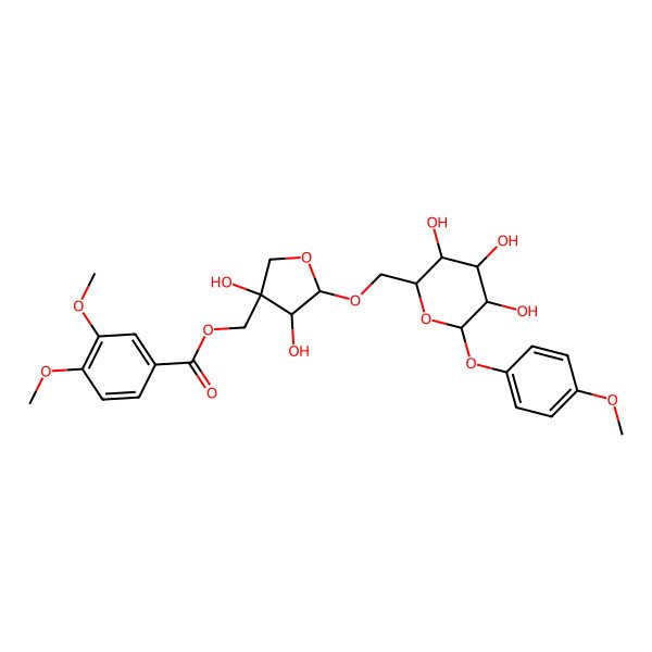 2D Structure of [(3S,4R,5R)-3,4-dihydroxy-5-[[(2R,3S,4S,5R,6S)-3,4,5-trihydroxy-6-(4-methoxyphenoxy)oxan-2-yl]methoxy]oxolan-3-yl]methyl 3,4-dimethoxybenzoate
