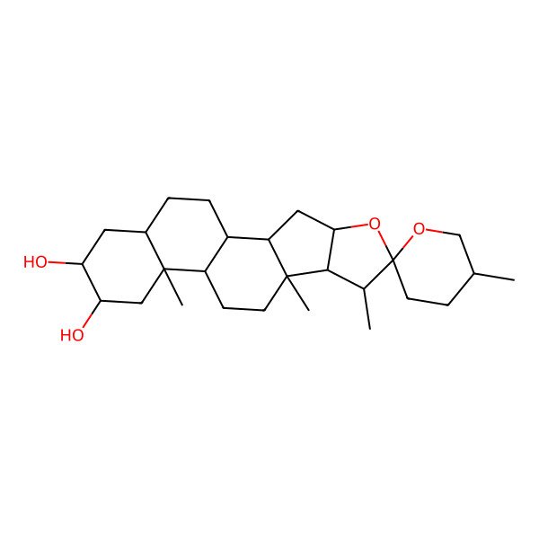 2D Structure of (1R,2S,4S,5'R,6R,7R,8R,9S,12S,13S,15S,16R,18R)-5',7,9,13-tetramethylspiro[5-oxapentacyclo[10.8.0.02,9.04,8.013,18]icosane-6,2'-oxane]-15,16-diol