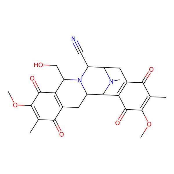 2D Structure of 10-(Hydroxymethyl)-7,18-dimethoxy-6,17,21-trimethyl-5,8,16,19-tetraoxo-11,21-diazapentacyclo[11.7.1.02,11.04,9.015,20]henicosa-4(9),6,15(20),17-tetraene-12-carbonitrile