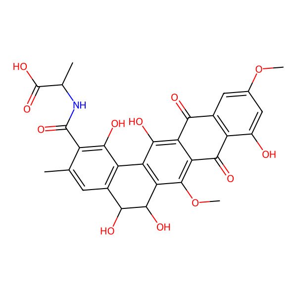 2D Structure of (2S)-2-[[(5S,6S)-1,5,6,9,14-pentahydroxy-7,11-dimethoxy-3-methyl-8,13-dioxo-5,6-dihydrobenzo[a]tetracene-2-carbonyl]amino]propanoic acid