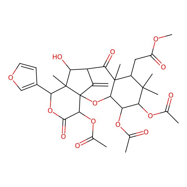 2D Structure of methyl 2-[(1S,3R,4R,5R,7S,8R,10R,11S,12S,13S,16S)-4,5,16-triacetyloxy-13-(furan-3-yl)-11-hydroxy-6,6,8,12-tetramethyl-17-methylidene-9,15-dioxo-2,14-dioxatetracyclo[8.6.1.01,12.03,8]heptadecan-7-yl]acetate