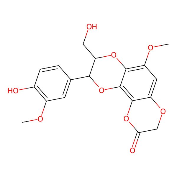 2D Structure of (2R,3R)-2-(4-hydroxy-3-methoxyphenyl)-3-(hydroxymethyl)-5-methoxy-2,3-dihydro-[1,4]dioxino[2,3-h][1,4]benzodioxin-9-one