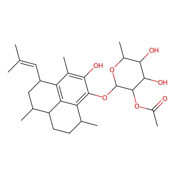 2D Structure of [4,5-dihydroxy-2-[[2-hydroxy-3,6,9-trimethyl-4-(2-methylprop-1-enyl)-5,6,6a,7,8,9-hexahydro-4H-phenalen-1-yl]oxy]-6-methyloxan-3-yl] acetate