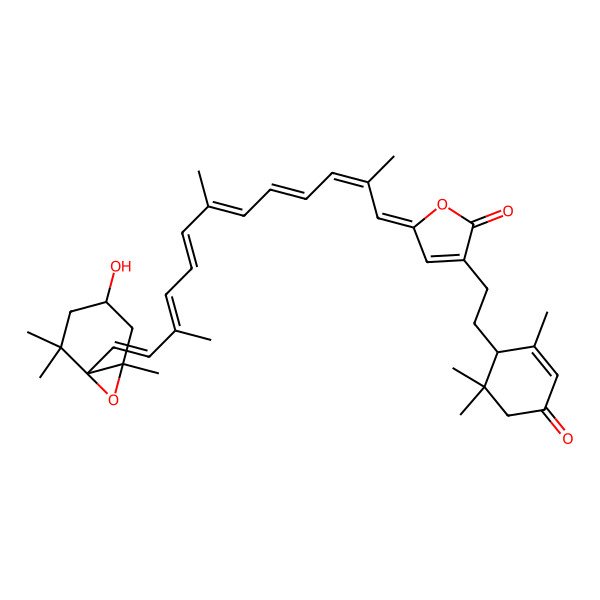 2D Structure of (5Z)-5-[(2E,4E,6E,8E,10E,12E)-13-[(1S,4S,6R)-4-hydroxy-2,2,6-trimethyl-7-oxabicyclo[4.1.0]heptan-1-yl]-2,7,11-trimethyltrideca-2,4,6,8,10,12-hexaenylidene]-3-[2-[(1R)-2,6,6-trimethyl-4-oxocyclohex-2-en-1-yl]ethyl]furan-2-one
