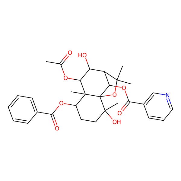 2D Structure of [(1S,2S,5S,6S,7S,8S,9R,12R)-7-acetyloxy-5-benzoyloxy-2,8-dihydroxy-2,6,10,10-tetramethyl-11-oxatricyclo[7.2.1.01,6]dodecan-12-yl] pyridine-3-carboxylate