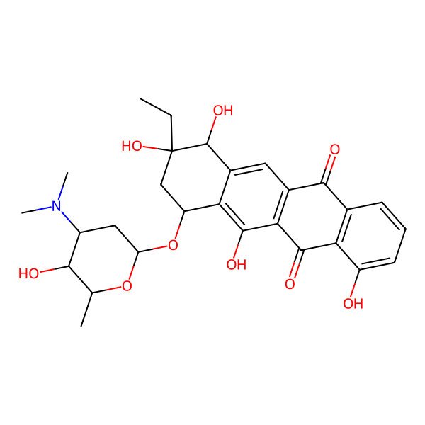 2D Structure of 7-[4-(dimethylamino)-5-hydroxy-6-methyloxan-2-yl]oxy-9-ethyl-4,6,9,10-tetrahydroxy-8,10-dihydro-7H-tetracene-5,12-dione