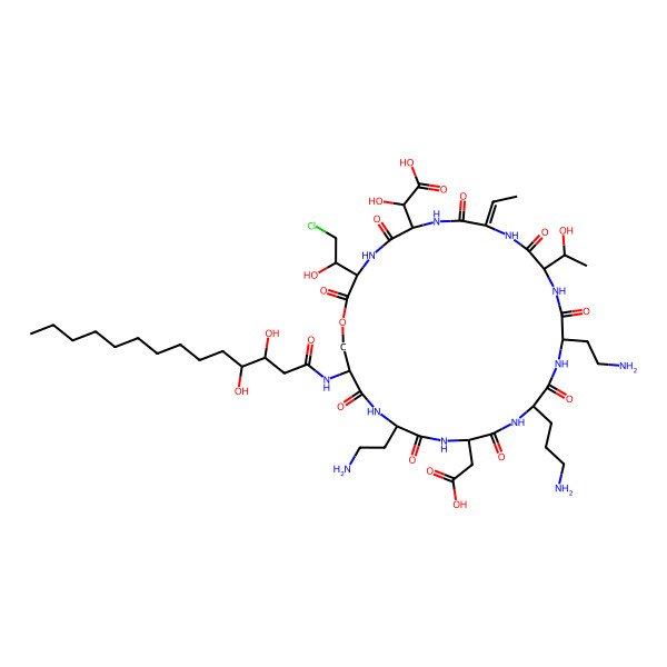 2D Structure of 2-[(9Z)-15,24-bis(2-aminoethyl)-18-(3-aminopropyl)-21-(carboxymethyl)-3-(2-chloro-1-hydroxy-ethyl)-27-(3,4-dihydroxytetradecanoylamino)-9-ethylidene-12-(1-hydroxyethyl)-2,5,8,11,14,17,20,23,26-nonaoxo-1-oxa-4,7,10,13,16,19,22,25-octazacyclooctacos-6-yl]-2-hydroxy-acetic acid