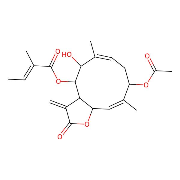 2D Structure of (9-Acetyloxy-5-hydroxy-6,10-dimethyl-3-methylidene-2-oxo-3a,4,5,8,9,11a-hexahydrocyclodeca[b]furan-4-yl) 2-methylbut-2-enoate