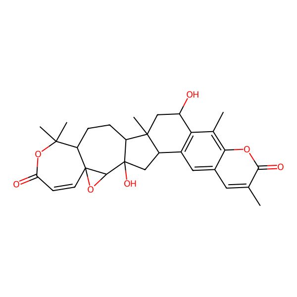 2D Structure of 14,27-Dihydroxy-1,6,6,21,25-pentamethyl-7,12,23-trioxaheptacyclo[14.12.0.02,14.05,11.011,13.017,26.019,24]octacosa-9,17(26),18,20,24-pentaene-8,22-dione
