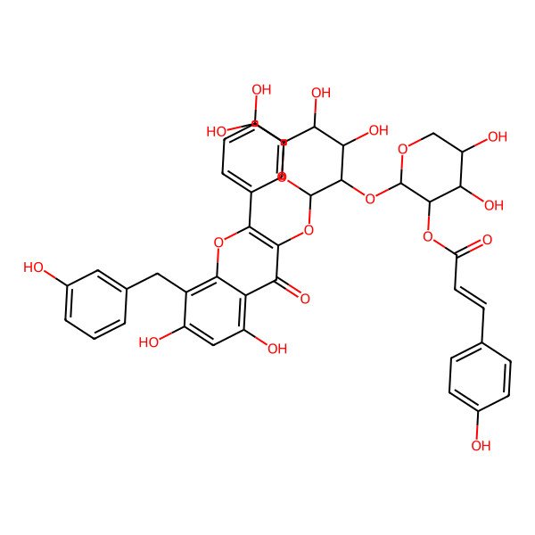 2D Structure of [(2S,3R,4S,5R)-2-[(2S,3R,4S,5S,6R)-2-[5,7-dihydroxy-2-(4-hydroxyphenyl)-8-[(3-hydroxyphenyl)methyl]-4-oxochromen-3-yl]oxy-4,5-dihydroxy-6-(hydroxymethyl)oxan-3-yl]oxy-4,5-dihydroxyoxan-3-yl] (E)-3-(4-hydroxyphenyl)prop-2-enoate