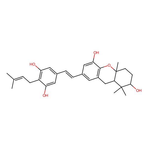 2D Structure of 7-[2-[3,5-dihydroxy-4-(3-methylbut-2-enyl)phenyl]ethenyl]-1,1,4a-trimethyl-3,4,9,9a-tetrahydro-2H-xanthene-2,5-diol