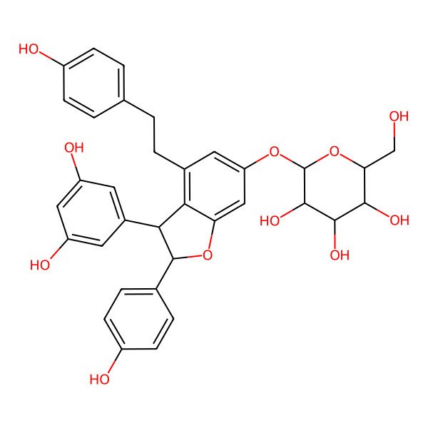 2D Structure of 2-[[3-(3,5-Dihydroxyphenyl)-2-(4-hydroxyphenyl)-4-[2-(4-hydroxyphenyl)ethyl]-2,3-dihydro-1-benzofuran-6-yl]oxy]-6-(hydroxymethyl)oxane-3,4,5-triol