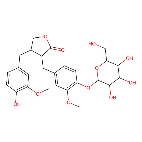 2D Structure of (3R,4S)-4-[(4-hydroxy-3-methoxyphenyl)methyl]-3-[[3-methoxy-4-[(2S,3R,4S,5S,6R)-3,4,5-trihydroxy-6-(hydroxymethyl)oxan-2-yl]oxyphenyl]methyl]oxolan-2-one