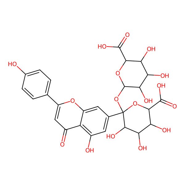 2D Structure of (2S,3S,4S,5R,6S)-6-[(2S,3R,4S,5S,6S)-6-carboxy-3,4,5-trihydroxyoxan-2-yl]oxy-3,4,5-trihydroxy-6-[5-hydroxy-2-(4-hydroxyphenyl)-4-oxochromen-7-yl]oxane-2-carboxylic acid