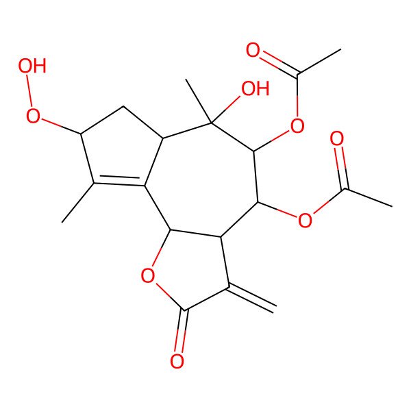 2D Structure of (5-acetyloxy-8-hydroperoxy-6-hydroxy-6,9-dimethyl-3-methylidene-2-oxo-4,5,6a,7,8,9b-hexahydro-3aH-azuleno[4,5-b]furan-4-yl) acetate